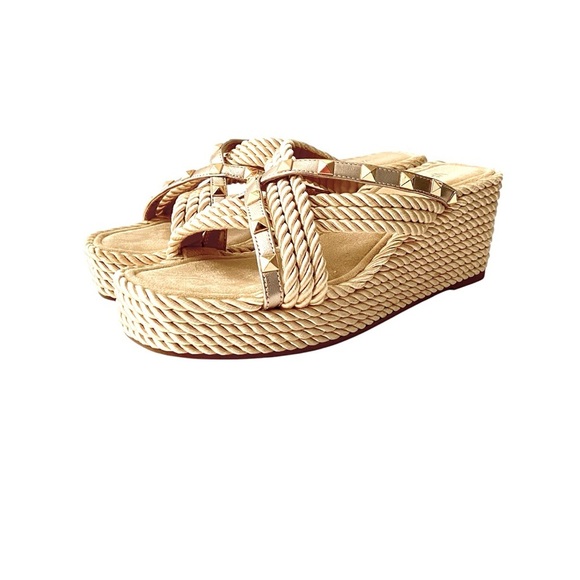VANELi Clem Champagne Rope Gold-Studded Wedge Sandals Size 9.5N Rockstud Summer - Picture 3 of 16